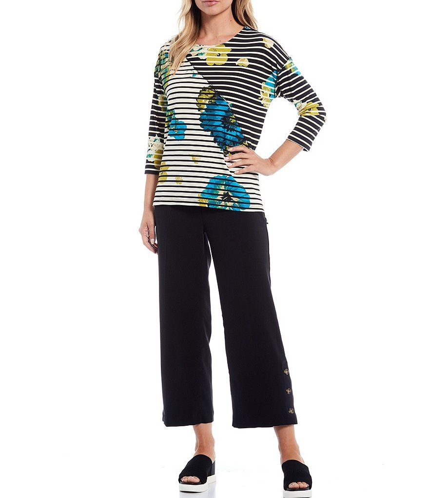 Multiples Floral & Over Yarn Dye Stripe Print Knit Elbow Dolman Sleeve Hi-Low Top