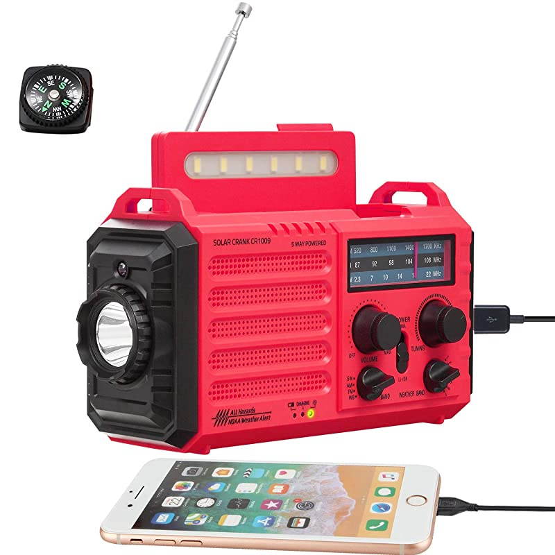 Powered Weather Radio for Household Outdoor Emergency NOAAAMFMSW Portable RadioSOS Alarm Solar Power Hand Dynamo Crank2000mAh Rechargable BatteryUSB ChargerFlashlightCamp LampCompass