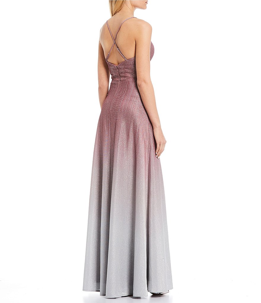 B. Darlin Spaghetti Strap Side Slit Shimmer Ombre Long Dress