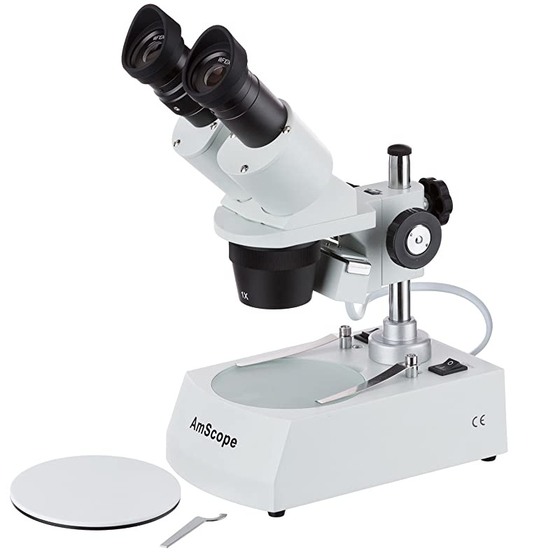 SE305R-P Forward-Mounted Binocular Stereo Microscope, WF10x Eyepieces, 10X and 30X Magnification, 1X and 3X Objectives, Upper and Lower Halogen Lighting, Reversible Black/White Stage Plate, Pillar St