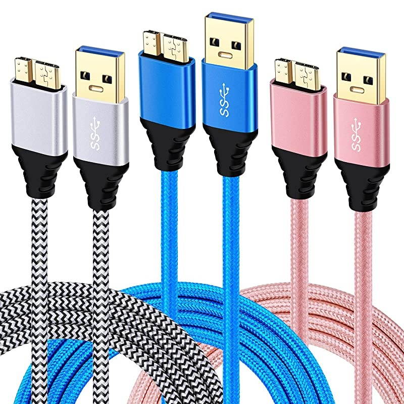 USB 30 Cable Micro B  3Pack Colors 6ft Braided USB 30 Cable Fast Charger Cable for External Hard Drive Samsung Galaxy S5 Note 3 Blue White Pink