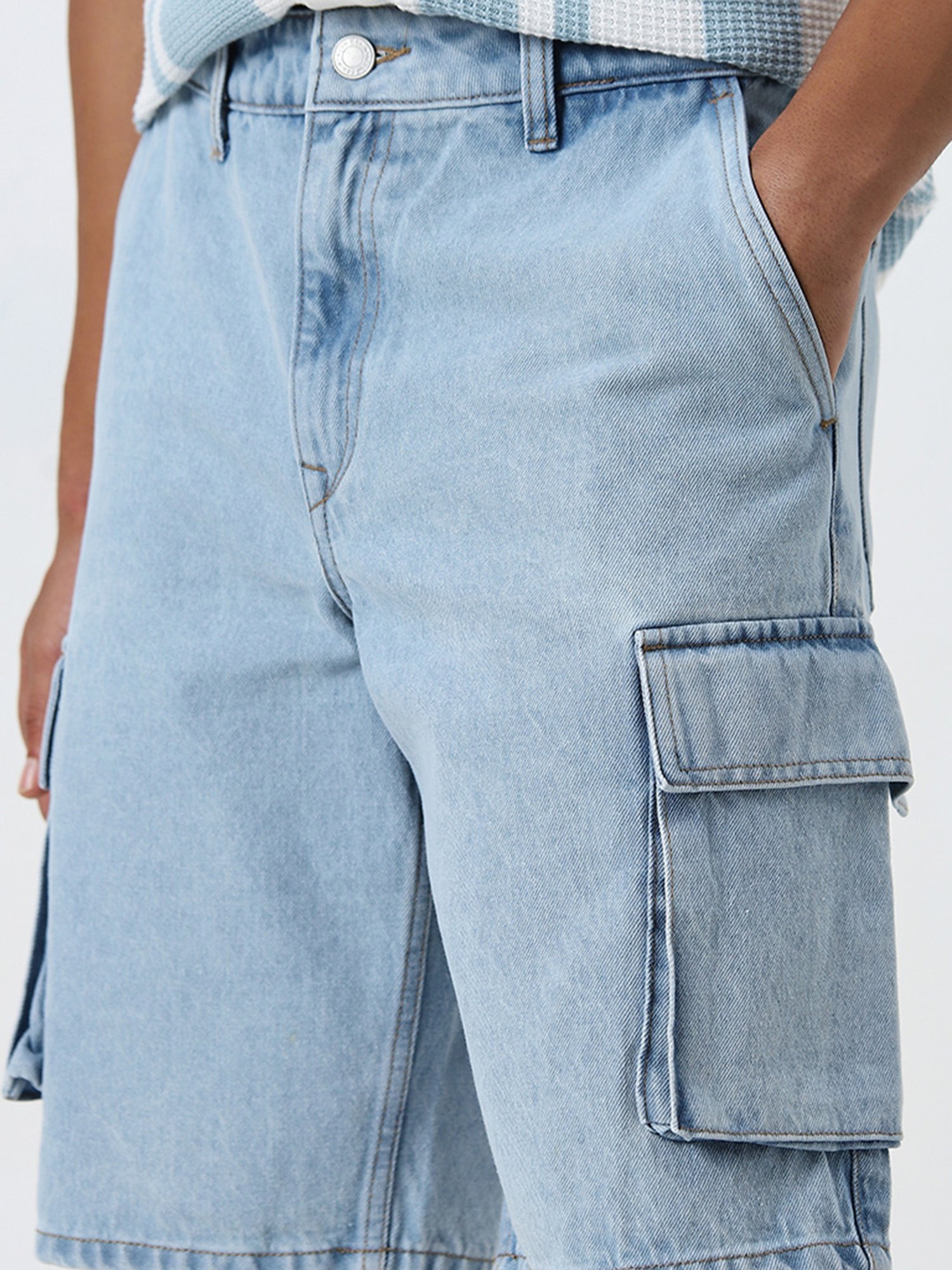 Nuon by Westside Light Blue Cargo-Style Mid-Rise Relaxed-Fit Shorts