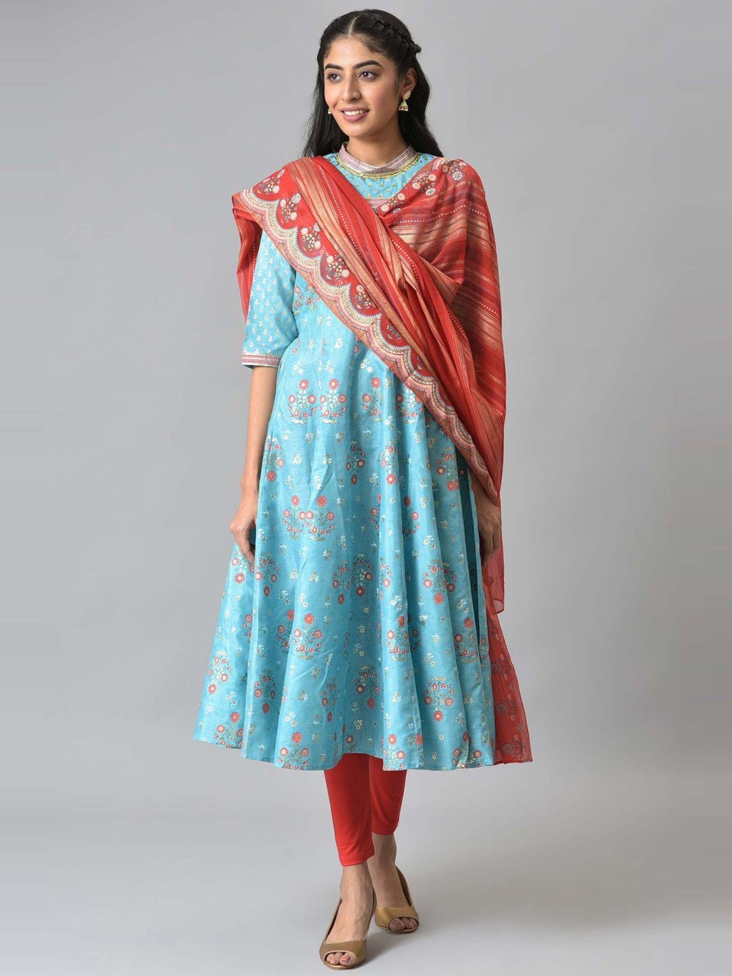 Aurelia Sky Blue & Red Printed Kurta Leggings Set With Dupatta