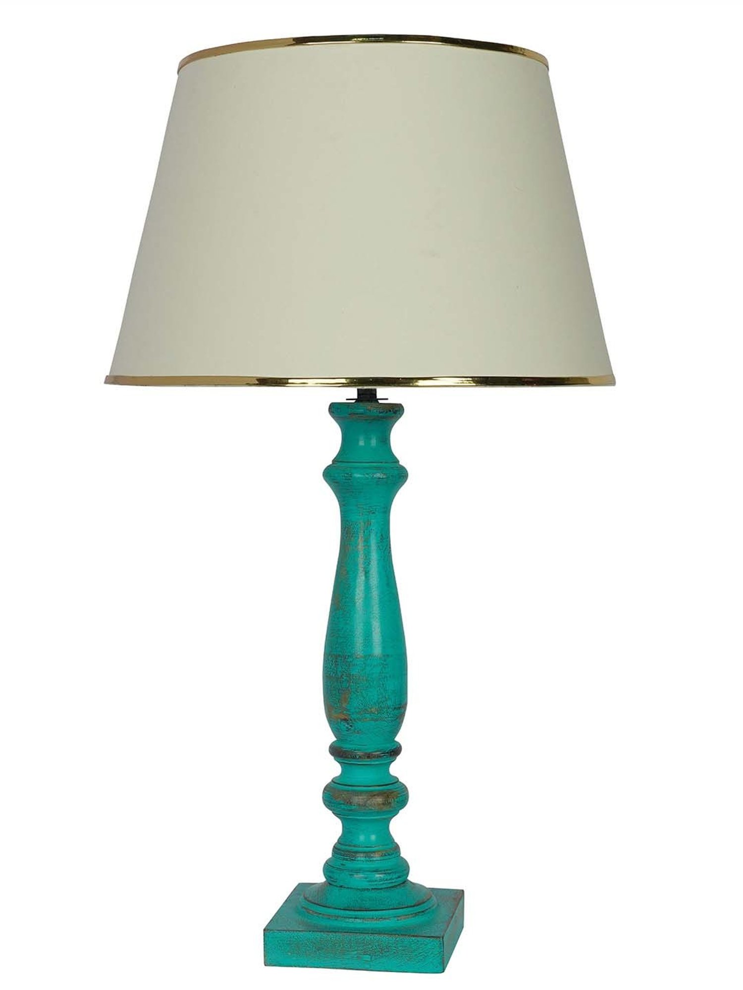 FOS LIGHTING Distressed Off-White & Green Wood Table Lamp With Fabric Shade