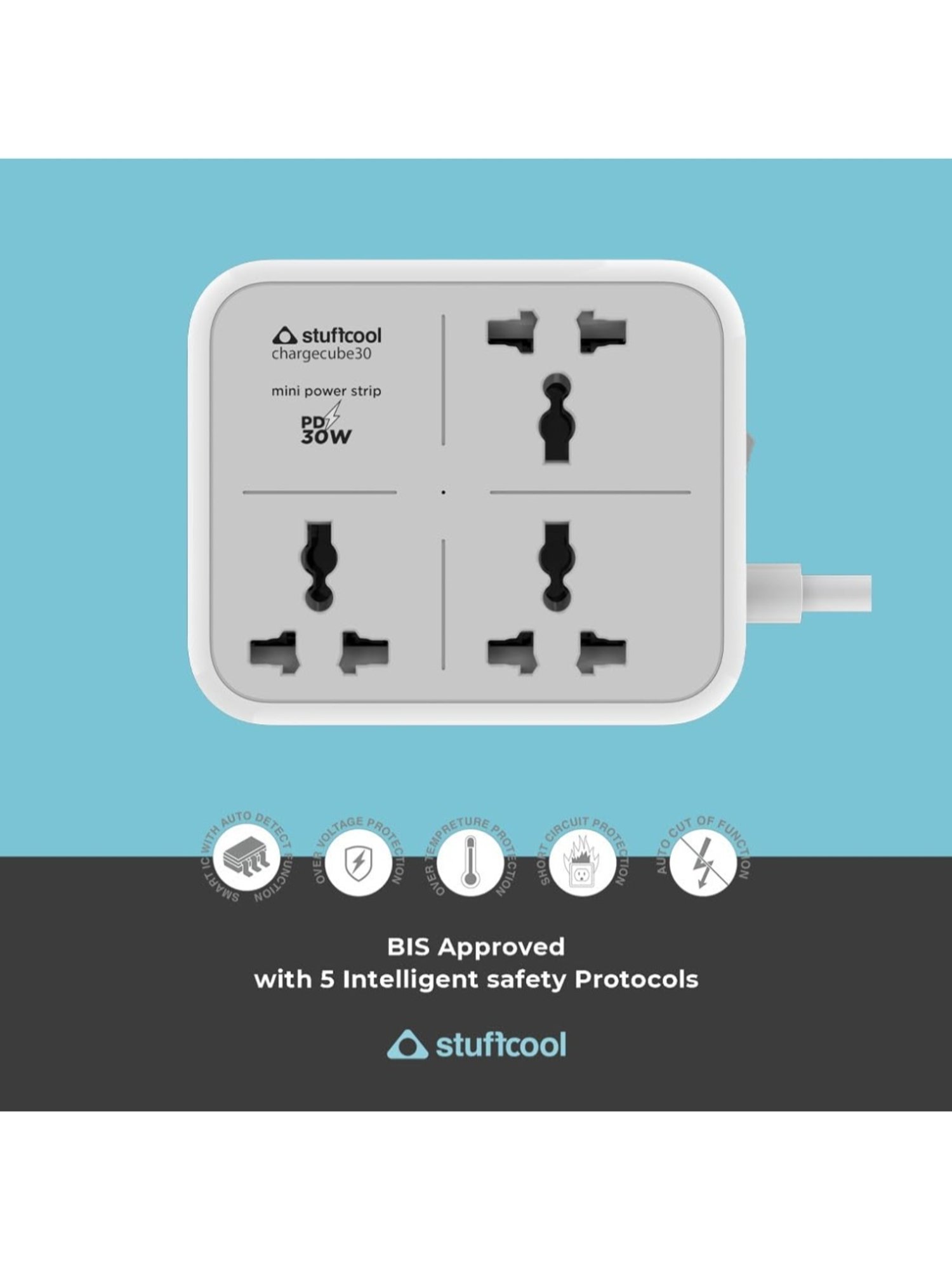 Stuffcool ChargeCube 30 Mini Surge Protector with 3 AC Ports and 30W Dual Port Type C (White)