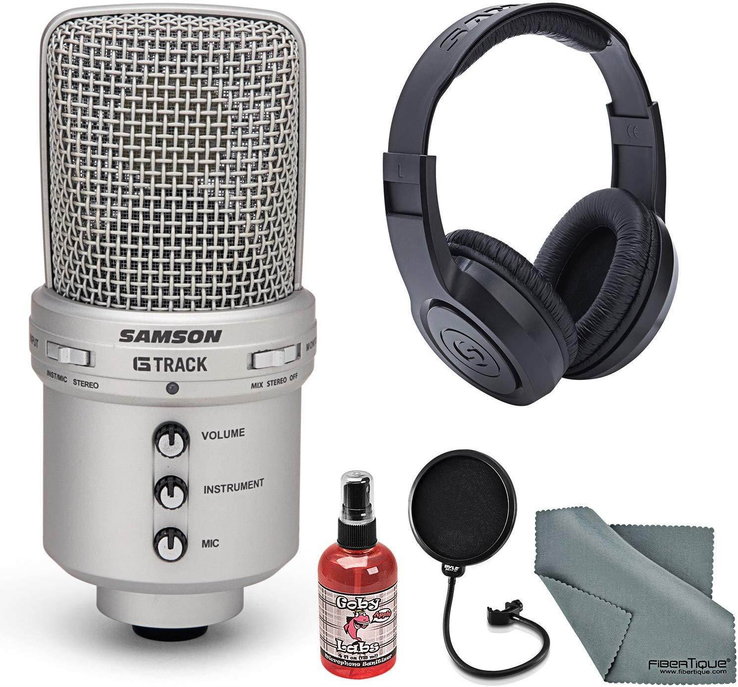 Samson G-Track USB Recording Microphone Bundle with Headphones+Pop Filter+Stand+Sanitizer+ FiberTique Cleaning Cloth