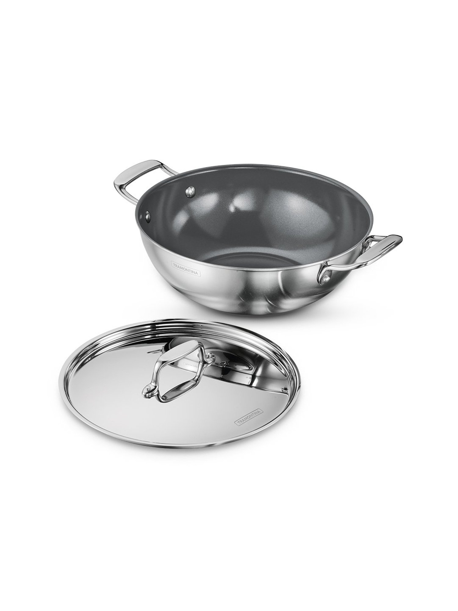 Tramontina Fusao Non-Toxic Triply Stainless Steel Ceramic Kadai with lid 26cm/3.7L Induction Base
