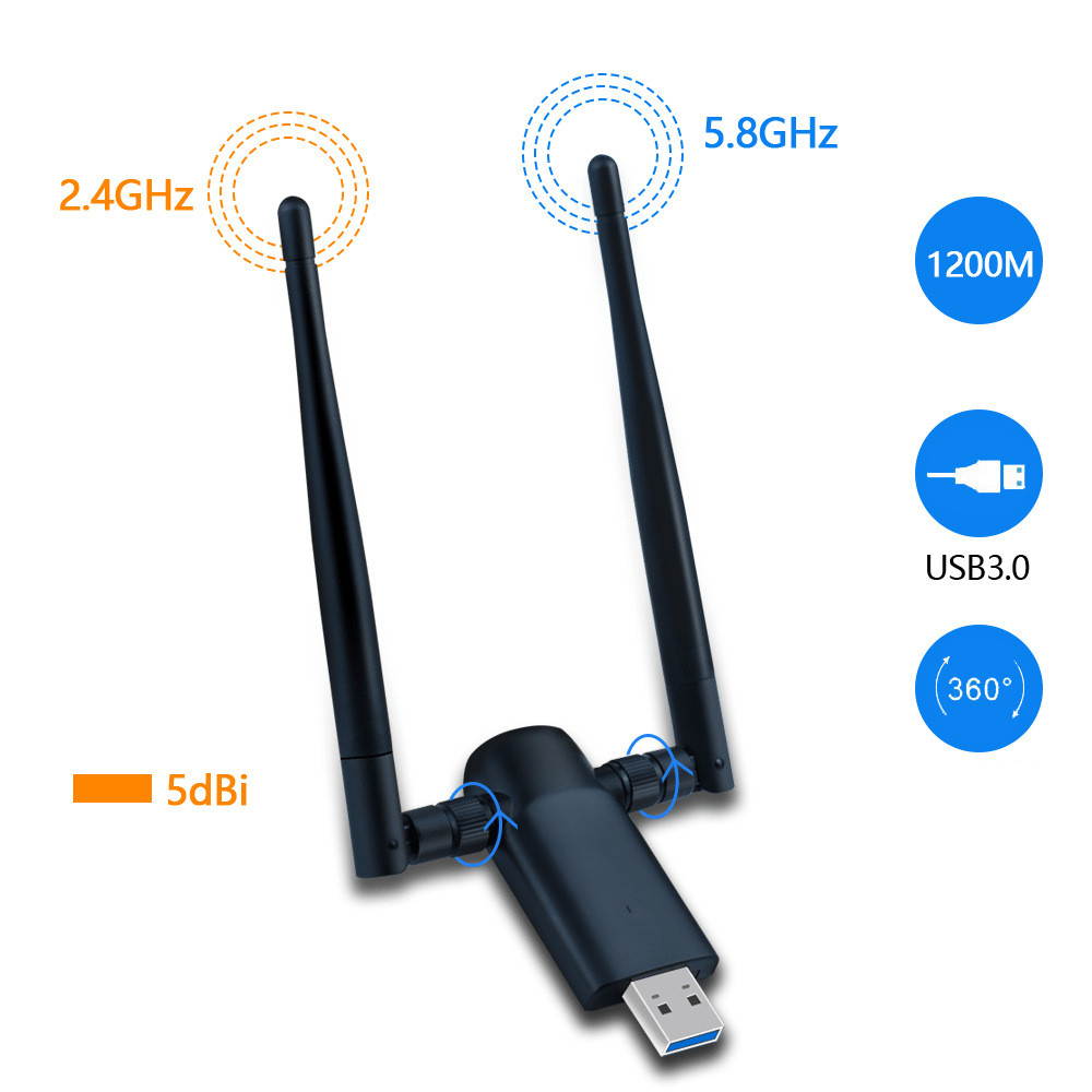 Wireless USB WiFi adapter  802.11AC 1200Mbps dual 5Dbi antenna 5G/2.4G WiFi USB for desktop laptop MAC windows 10/8/8.1/7/vista/XP/MAC 10.6/10.13 wifi USB computer network adapter
