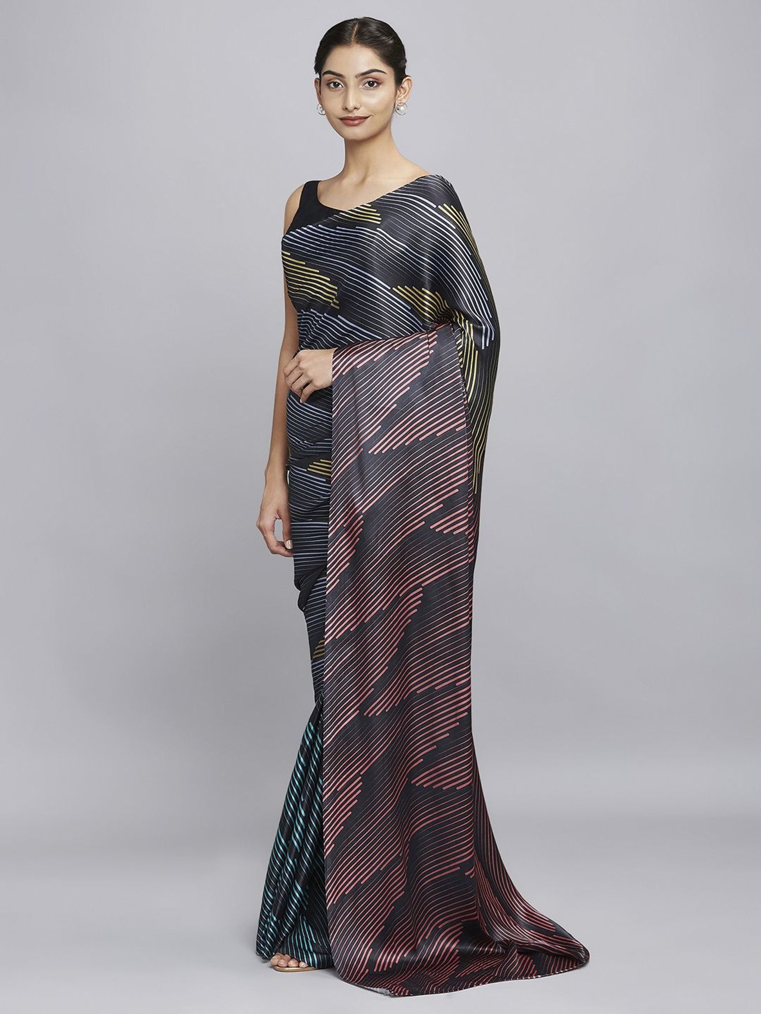 Navyasa Black Liva Satin Geometric Printed Saree With Coordinated Unstitched Blouse Piece