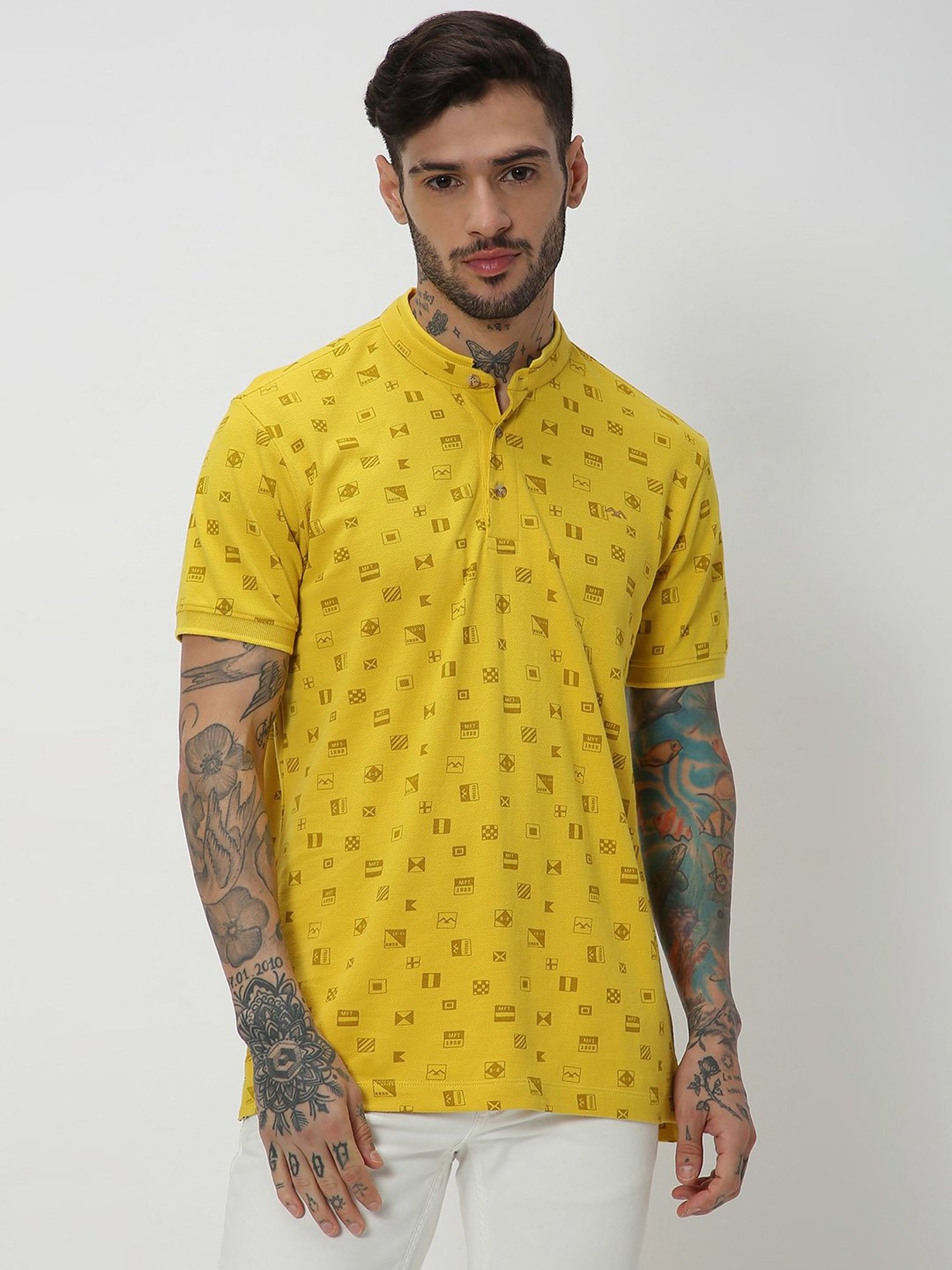 Mufti Yellow Slim Fit Printed Mandarin Collar Cotton T-Shirt