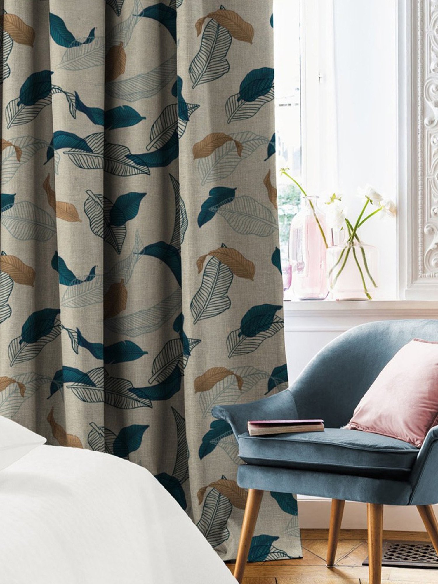 SPACES DRAPE STORY Elegant Printed Teal & Beige Polyester 7 ft Door Curtains - Set of 4