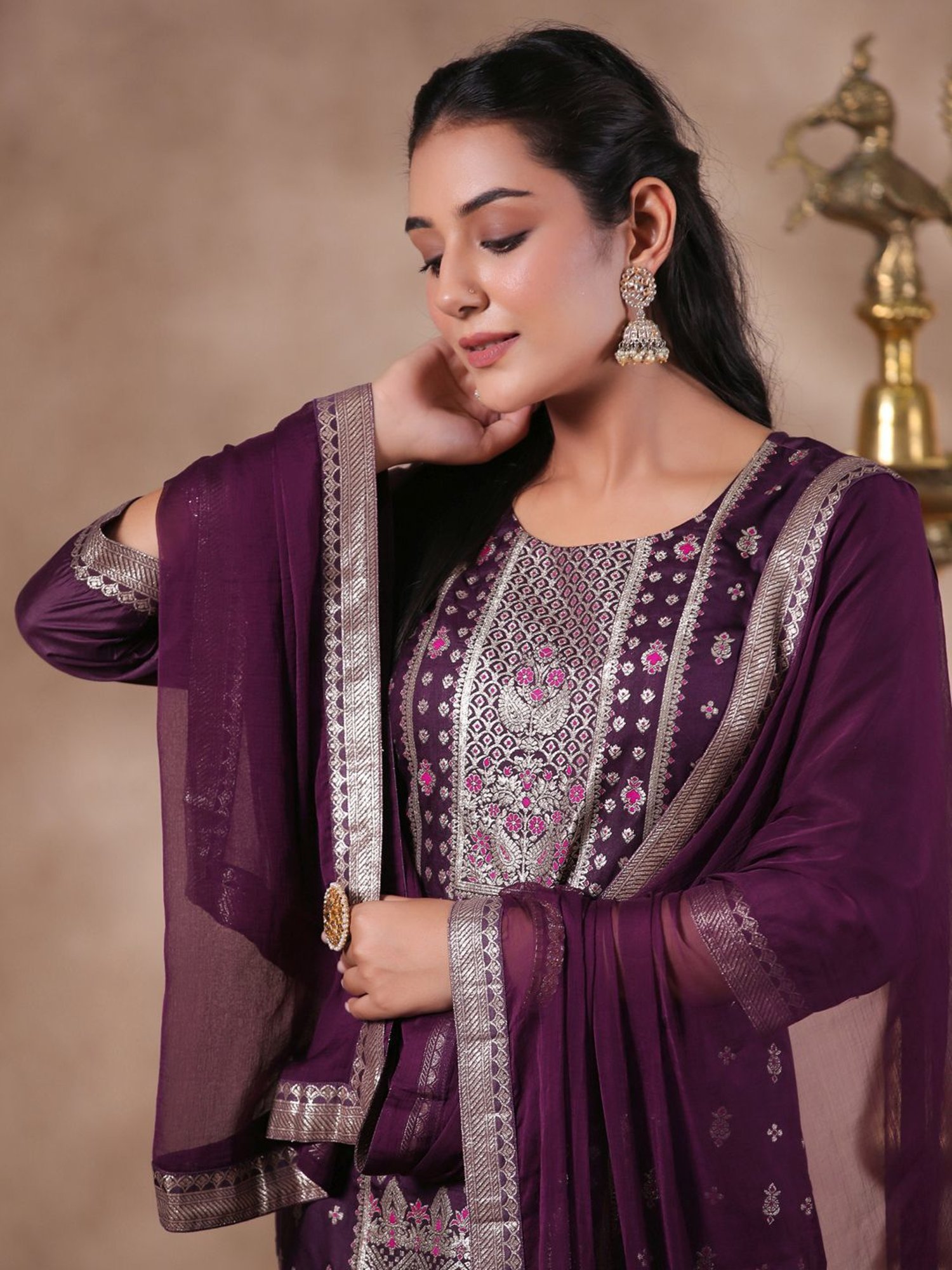 Ishin Purple Woven Pattern Kurta Pant Set With Dupatta