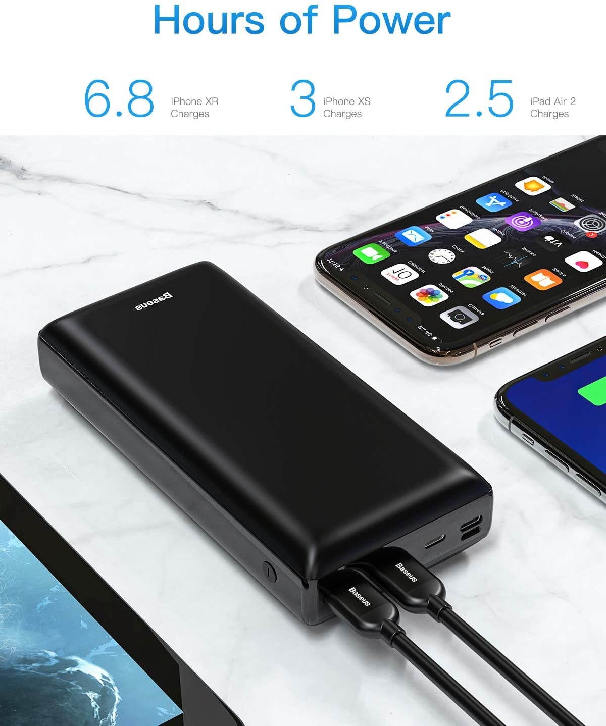 Power Bank 30000mah Baseus 3A Fast Charging Portable Charger with 3 Speed Recharging 3 Output Port Portable Charger for iPhone 11 Pro Max iPad Mac Samsung Galaxy USB-C Laptops and More (Black)