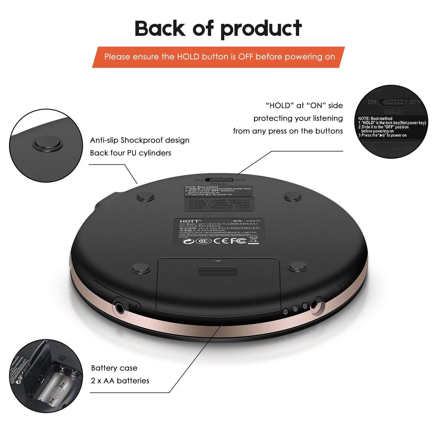 Portable CD Player HOTT Personal Compact Disc Player LCD Display with Stereo Earbuds Electronic Skip Protection Anti-Shock Function Black