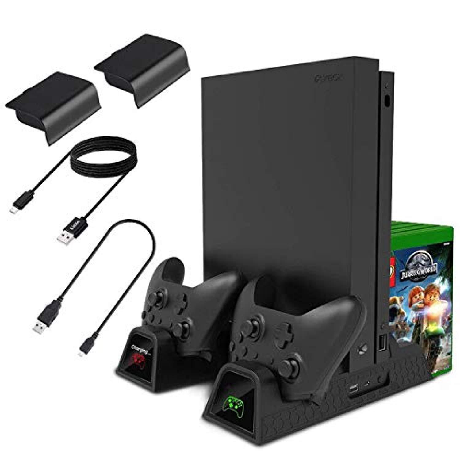 lictin xbox one cooling vertical stand  dual controller charging docking station for xbox one/ xbox one s /xbox one x console with 2 pack 600mah batteries and 2pcs charging cables