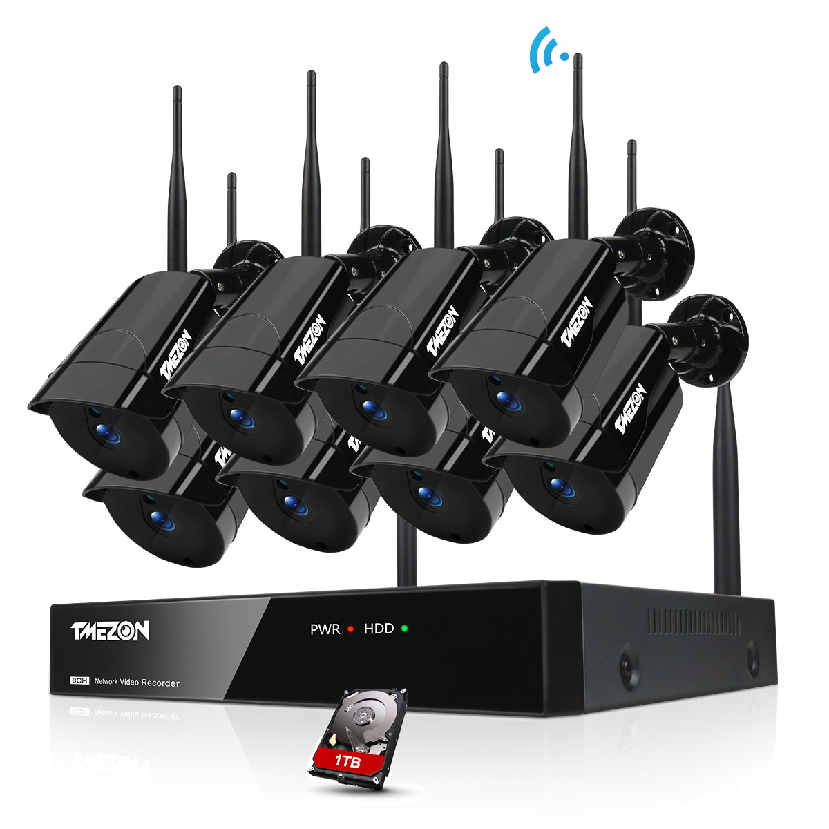 TMEZON 1080P Wireless Security Camera System, 8CH NVR 4Pcs Home Outdoor WiFi Surveillance Camera with Night Vision, Waterproof, Motion Alert, Remote Access, No Hard Disk