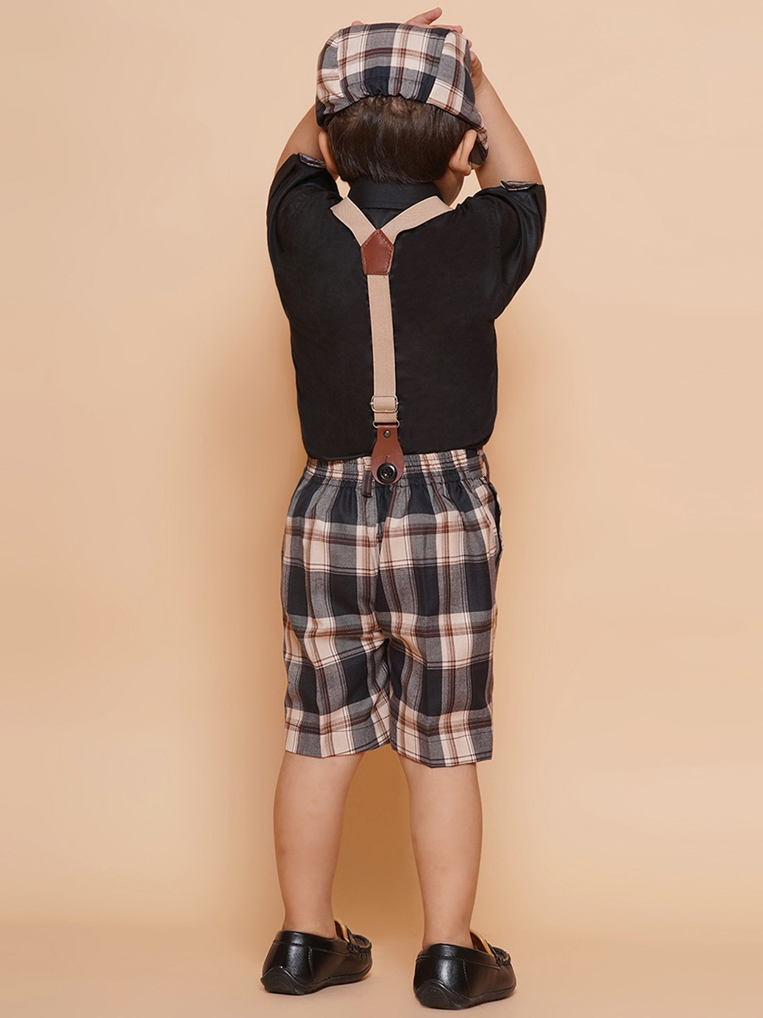 AJ Dezines Kids Beige & Black Checks Shirt, Shorts, Suspender, Bow with Cap