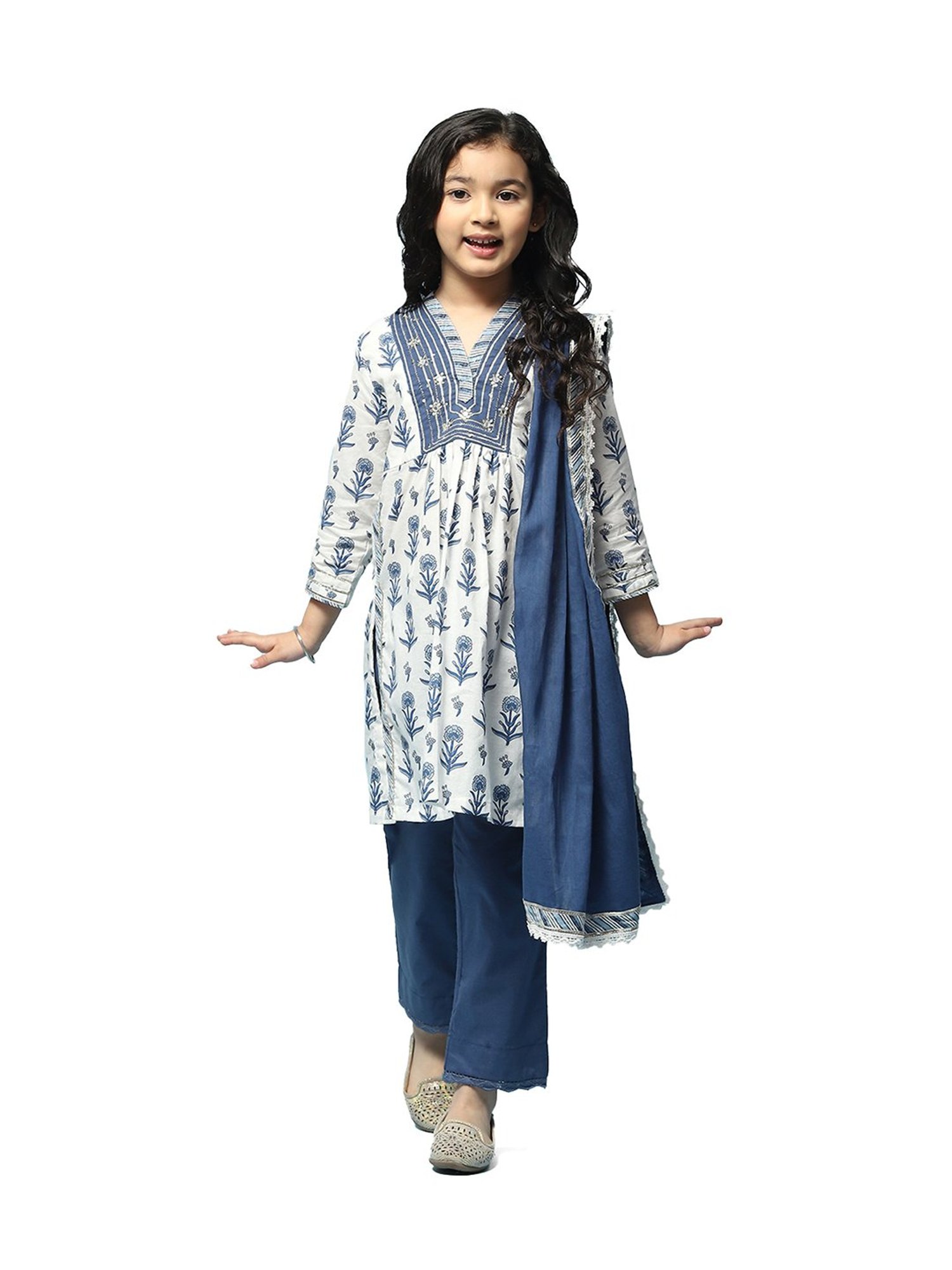BIBA Girls Off White & Blue Embellished Kurta, Pants with Dupatta