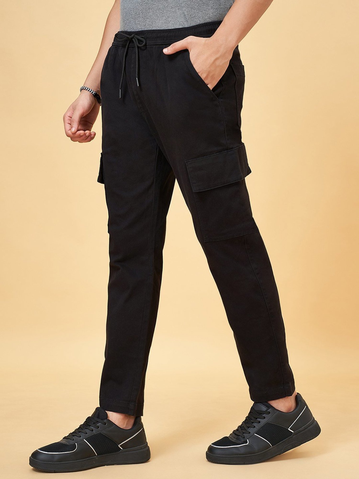 Urban Ranger By Pantaloons Jet Black Cotton Slim Fit Cargos