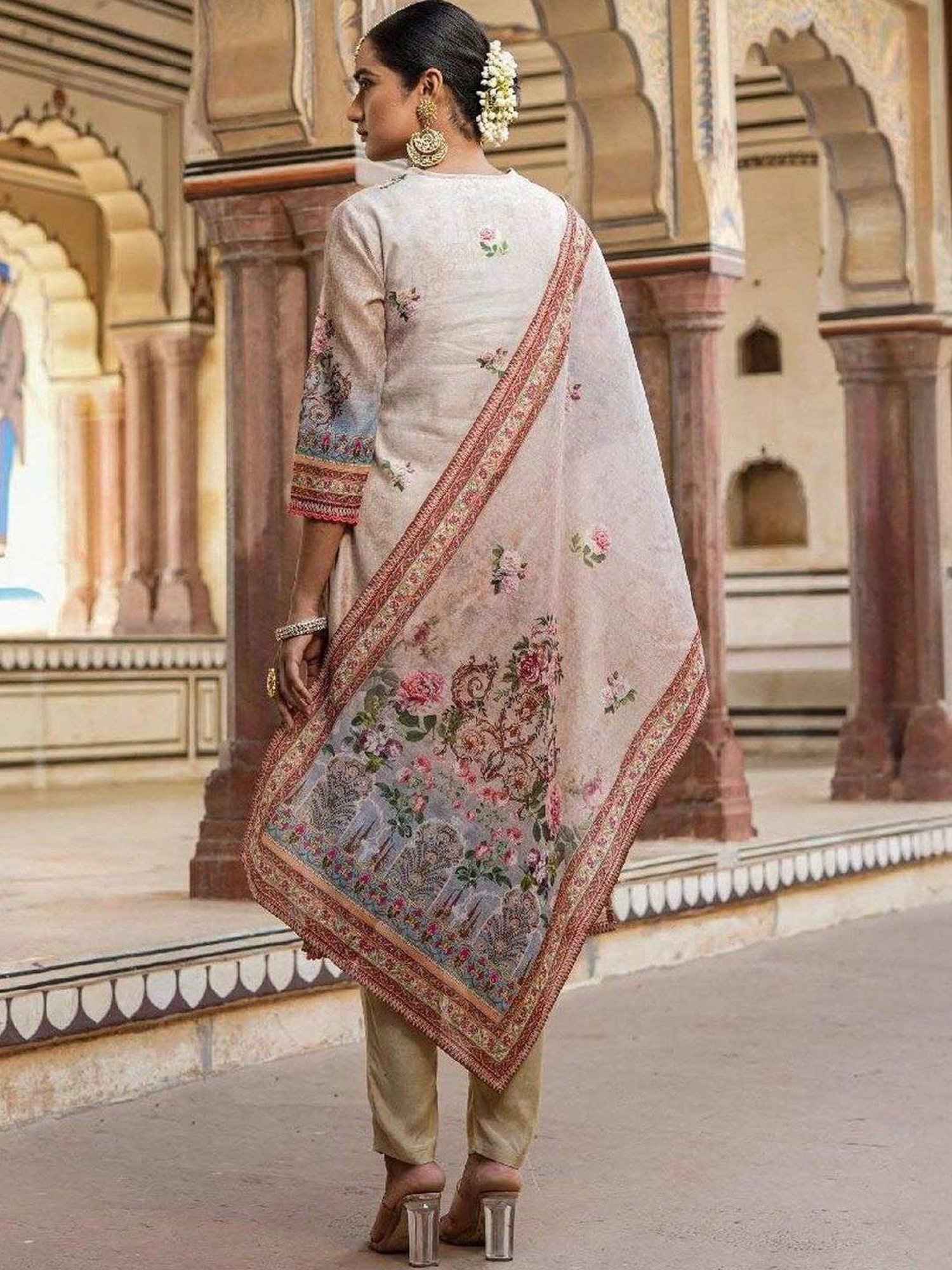 Scakhi Beige Chanderi Floral Print Pakistani Kurta and Pant With Dupatta