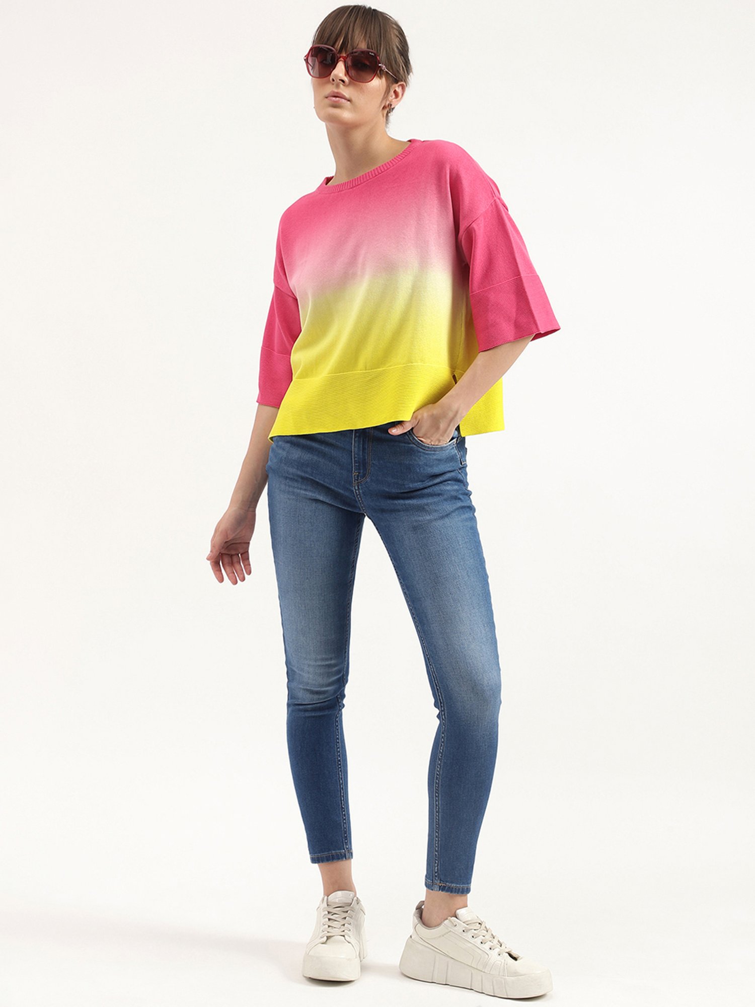 United Colors of Benetton Yellow & Pink Cotton Tie-Dye Top