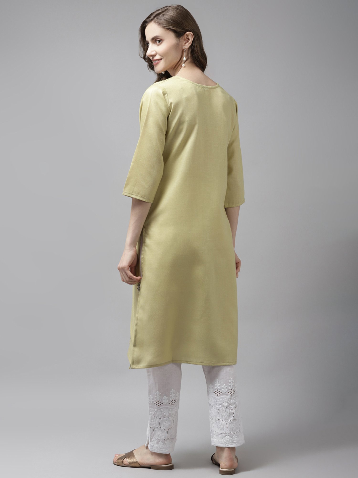 Aarika Lemon Green Cotton Embroidered Straight Kurta