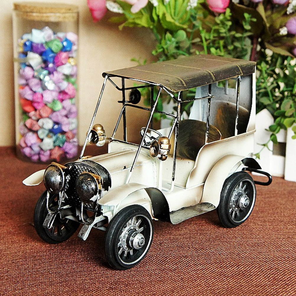 Metal Antique Vintage Car Model Home Decor Ornaments Handmade Handcraft Collections Vehicle Toys Photography Props (White)