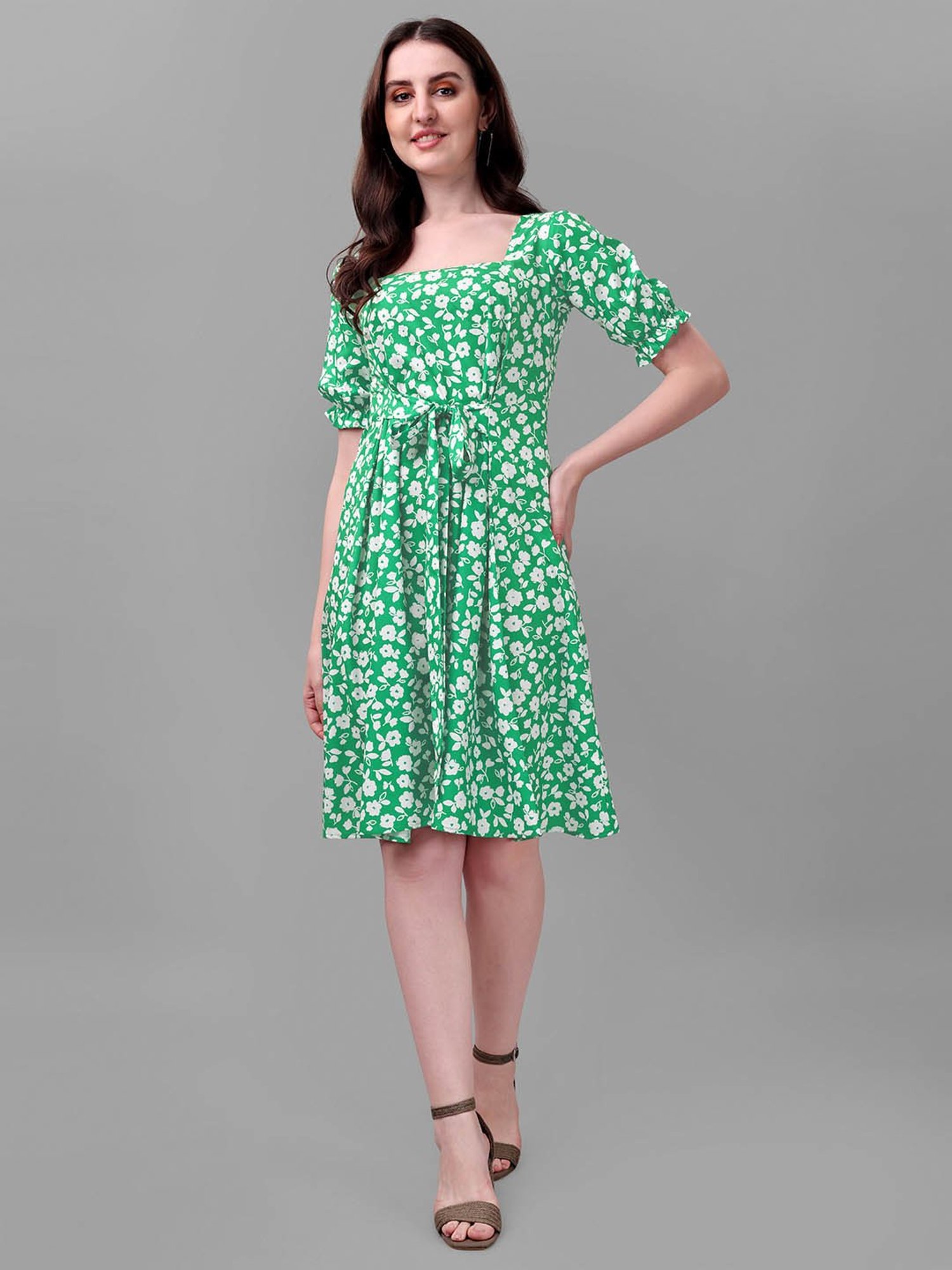 MASAKALI.CO Green Floral Print Fit & Flare Dress