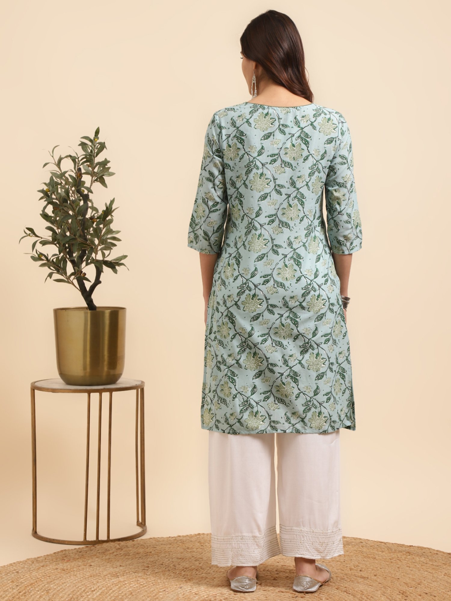 Rangita Mint Green & White Cotton Floral Print Kurta Palazzo Set