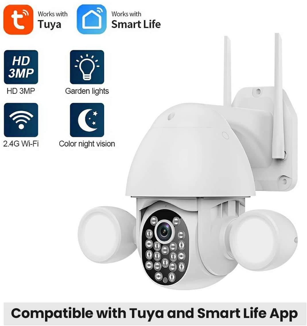 3MP Security Camera Outdoor Wireless WiFi,Floodlight Security Camera, Surveillance Cameras for Home Security System,Work with Alexa/Google Home,PTZ,2-Way Audio,Motion Activated,Waterproof,Tuya APP
