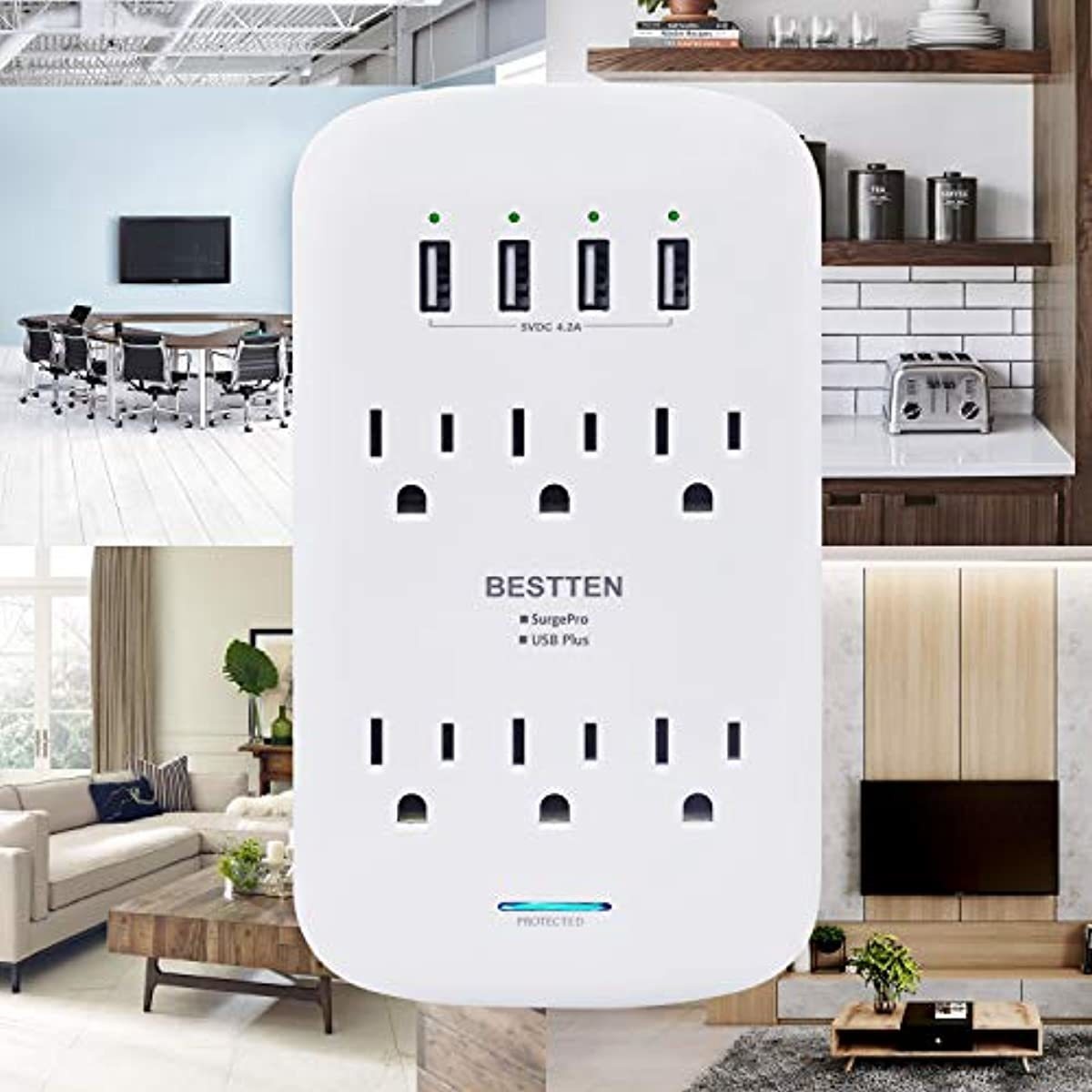 BESTTEN USB Wall Outlet Surge Protector (1200 Joules), 6 Grounded Outlets with 4 USB Charging Ports (5V/4.2A) and Top Phone Holder, ETL Listed, White