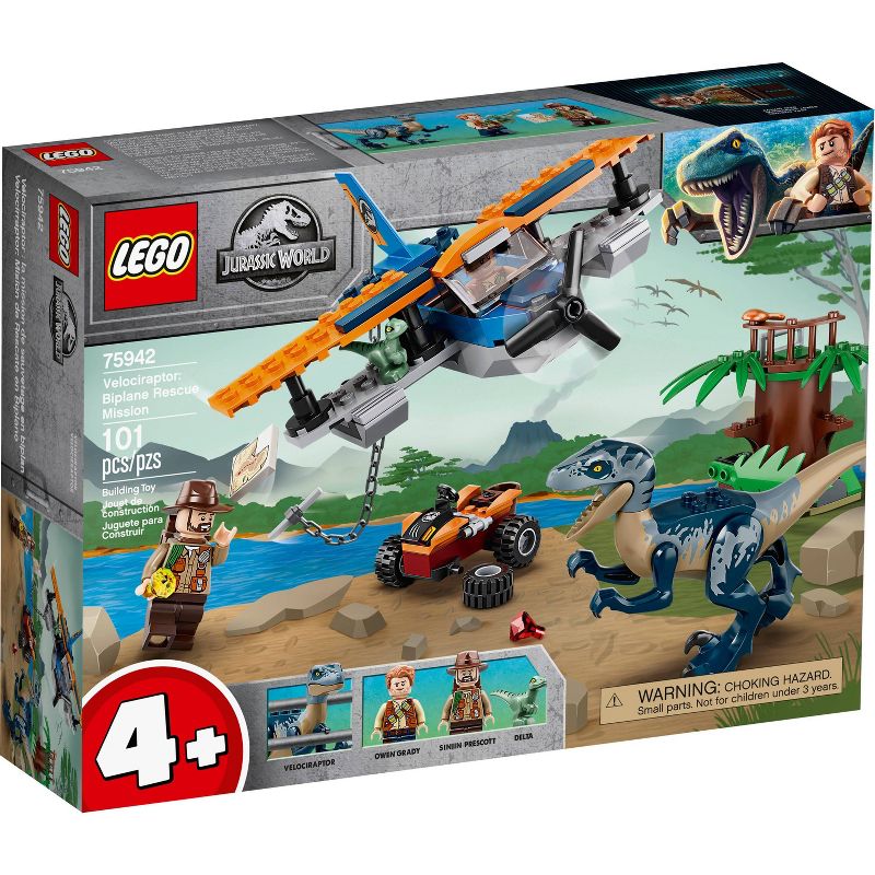 LEGO Jurassic World Velociraptor: Biplane Rescue Mission Dinosaur Toy for Preschool Kids 75942