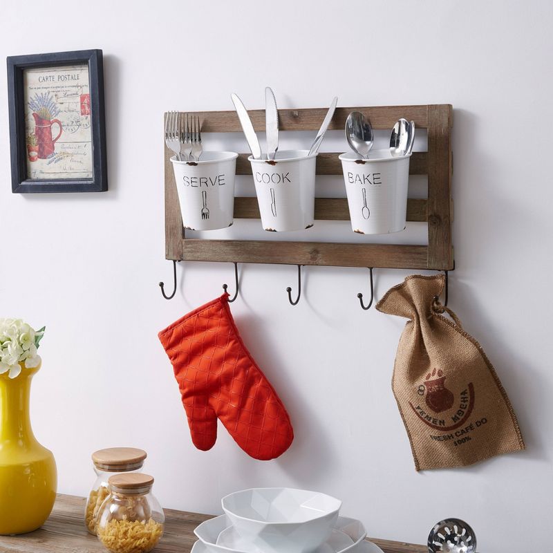 Hanging Storage Utensil with Hooks and Distressed Wood White - Danya B.