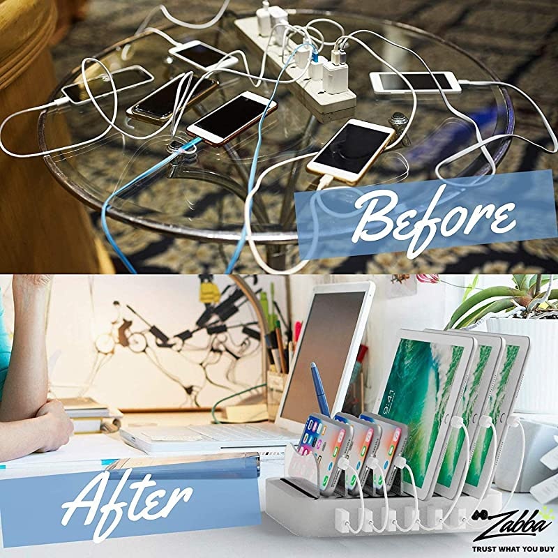 Charging Station for Multiple Devices Silver 6 Short Mixed Cables Included for Cell Phones Smart Phones Tablets and Other Electronics Multi Charger Organizer Docking Station