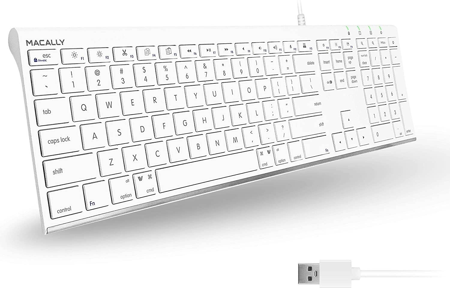 Macally Ultra Slim USB Wired Computer Keyboard - Works as Windows or Mac Wired Keyboard - Full Size Keyboard with Numeric Keypad & 20 Shortcut Keys - Plug and Play Mac Keyboard - White