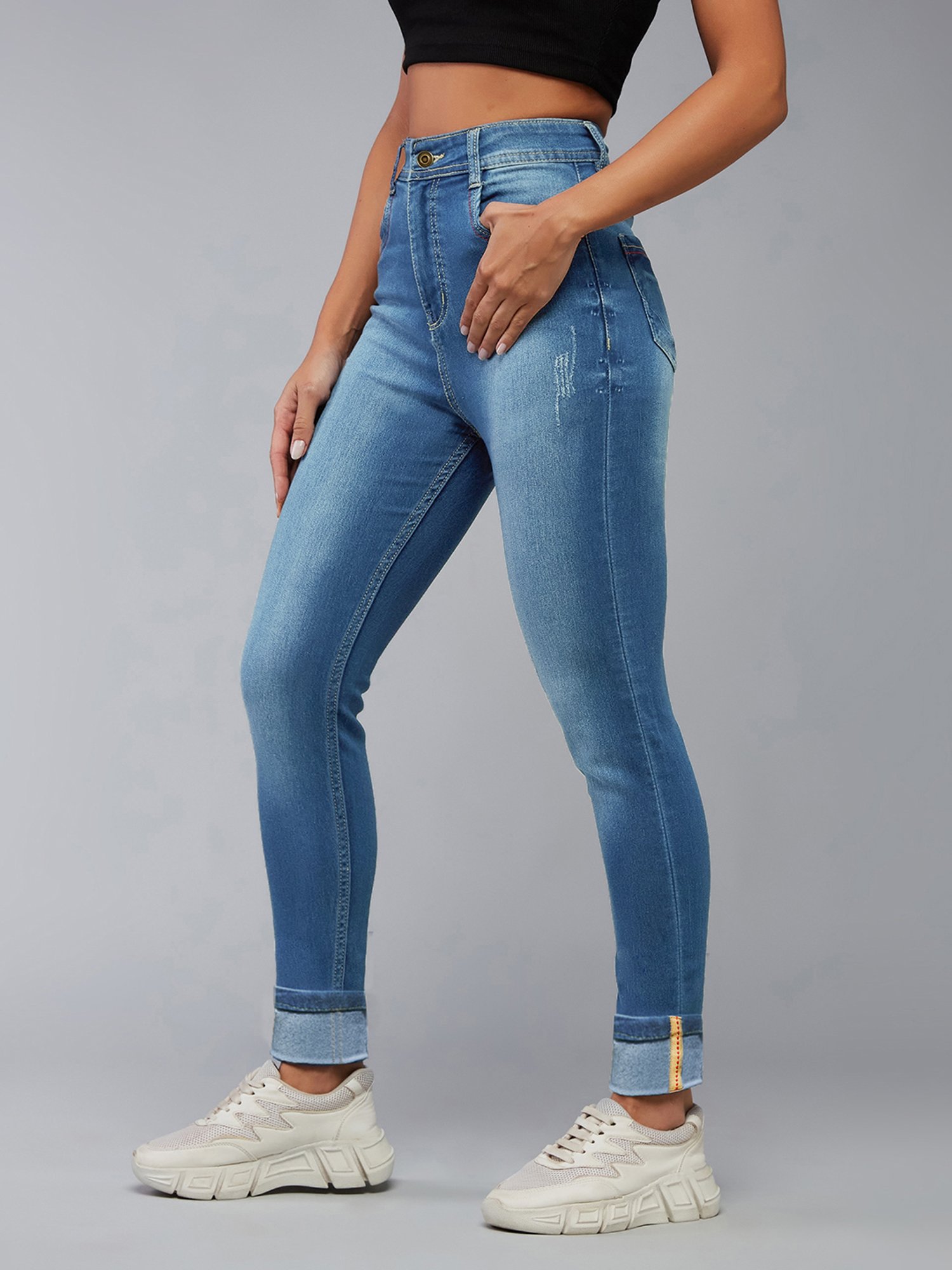 DOLCE CRUDO Blue Denim Distressed High Rise Jeans