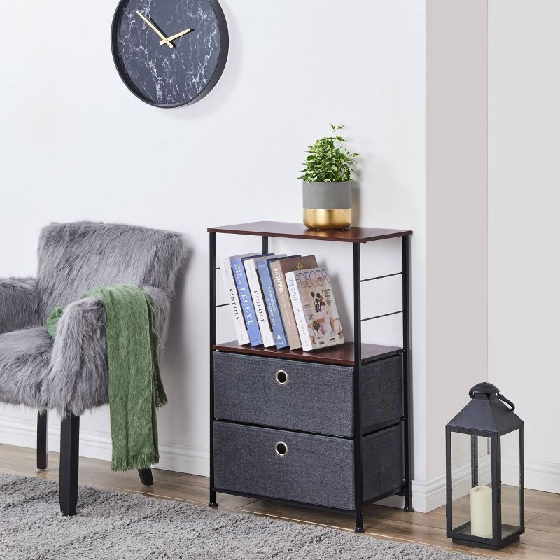 Modern 2 - Tier Decorative Bookshelf/Dresser Storage with Fabric Drawers Gray - Danya B.