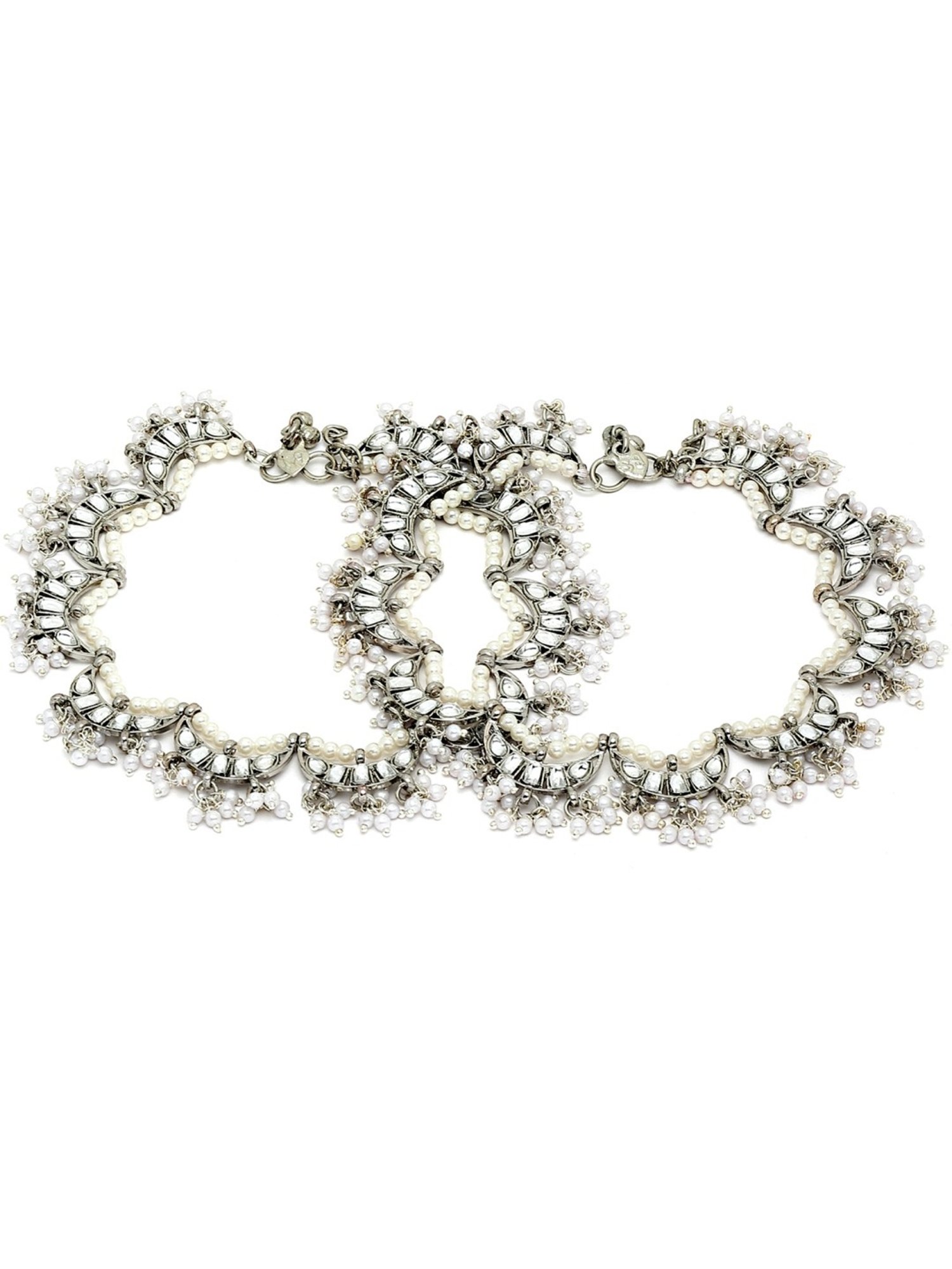 Karatcart Oxidized Silver Moon Shape Kundan Anklet for Women