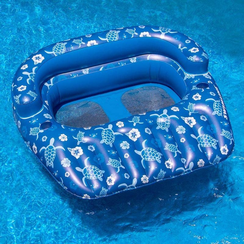 Swimline 90482 2 Person Tropical Print Inflatable Float with Removable Center Seat/Drink Caddy, 2 Cup Holders, and Armrest, Blue