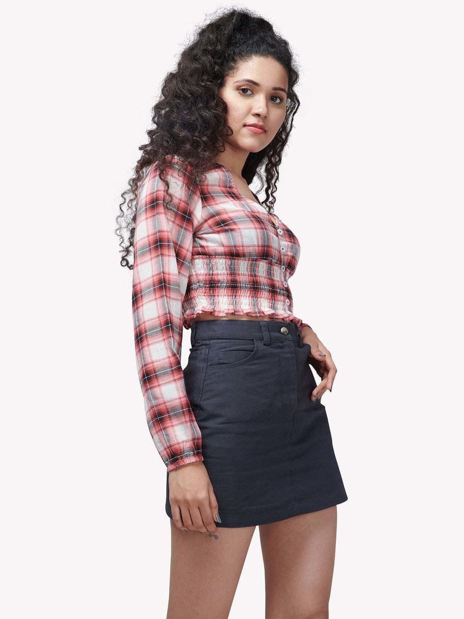 VASTRADO Red Cotton Chequered Crop Top