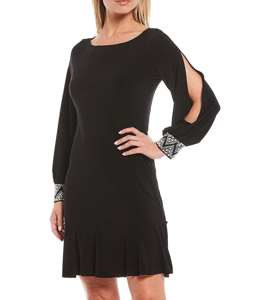 Marina Long Split Sleeve Beaded A-line Dress