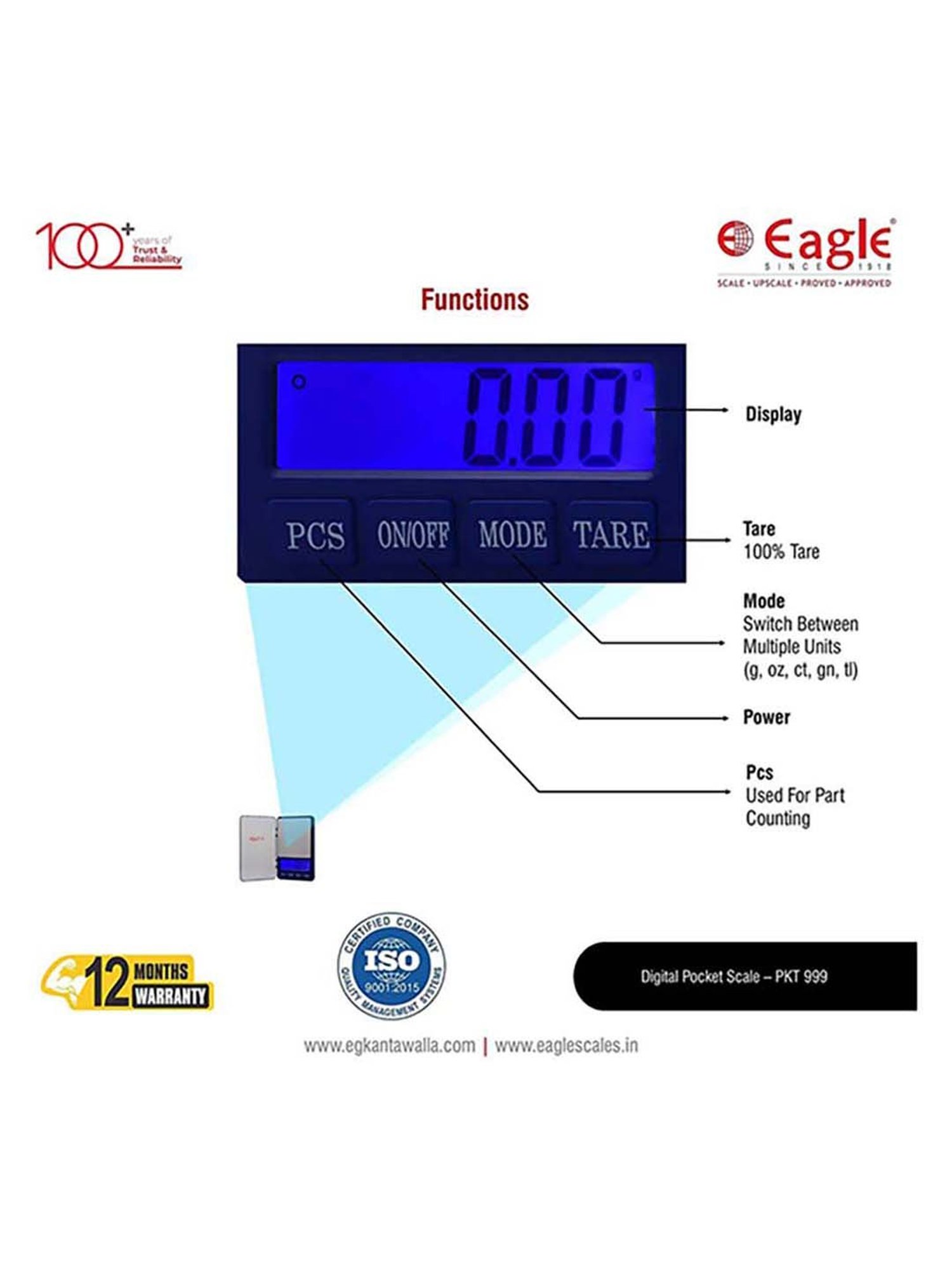 Eagle PKT-999 Digital Weighing Scale, 600 gm Capacity, 0.01 g Accuracy, Weight Machine, Pocket Scale