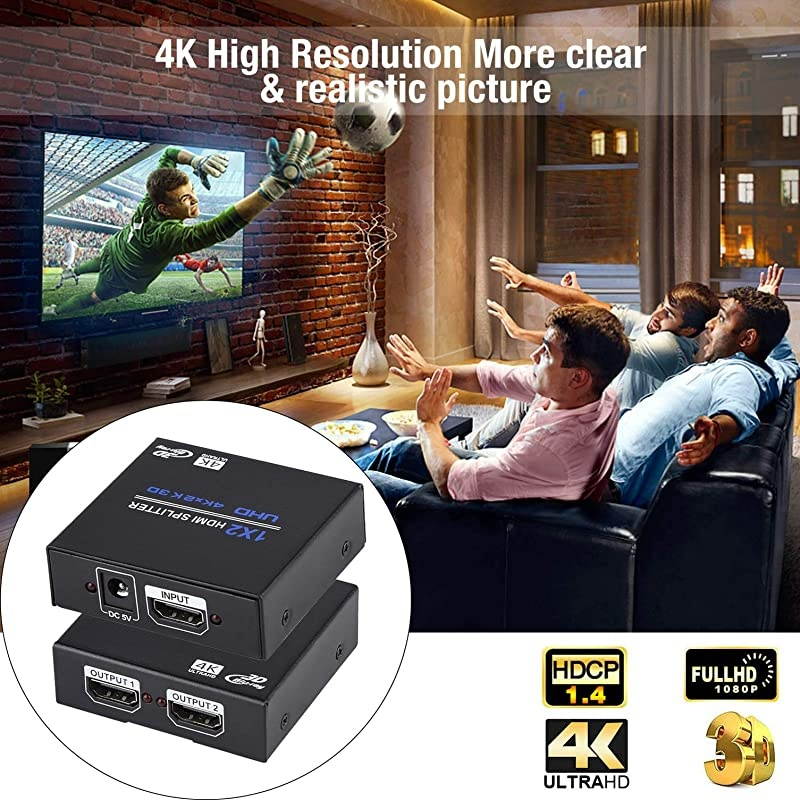 1x2 HDMI Splitter, 1 in 2 Out HDMI Splitter Audio Video Distributor Box Support 3D & 4K x 2K Compatible for HDTV, STB, DVD, Projector Etc