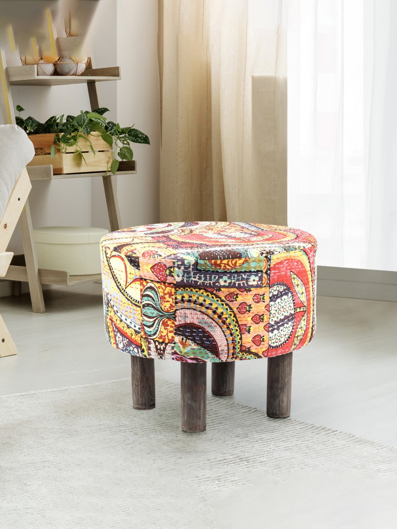 Chumbak French Sahara Solid Mustard Yellow Wood Ottoman