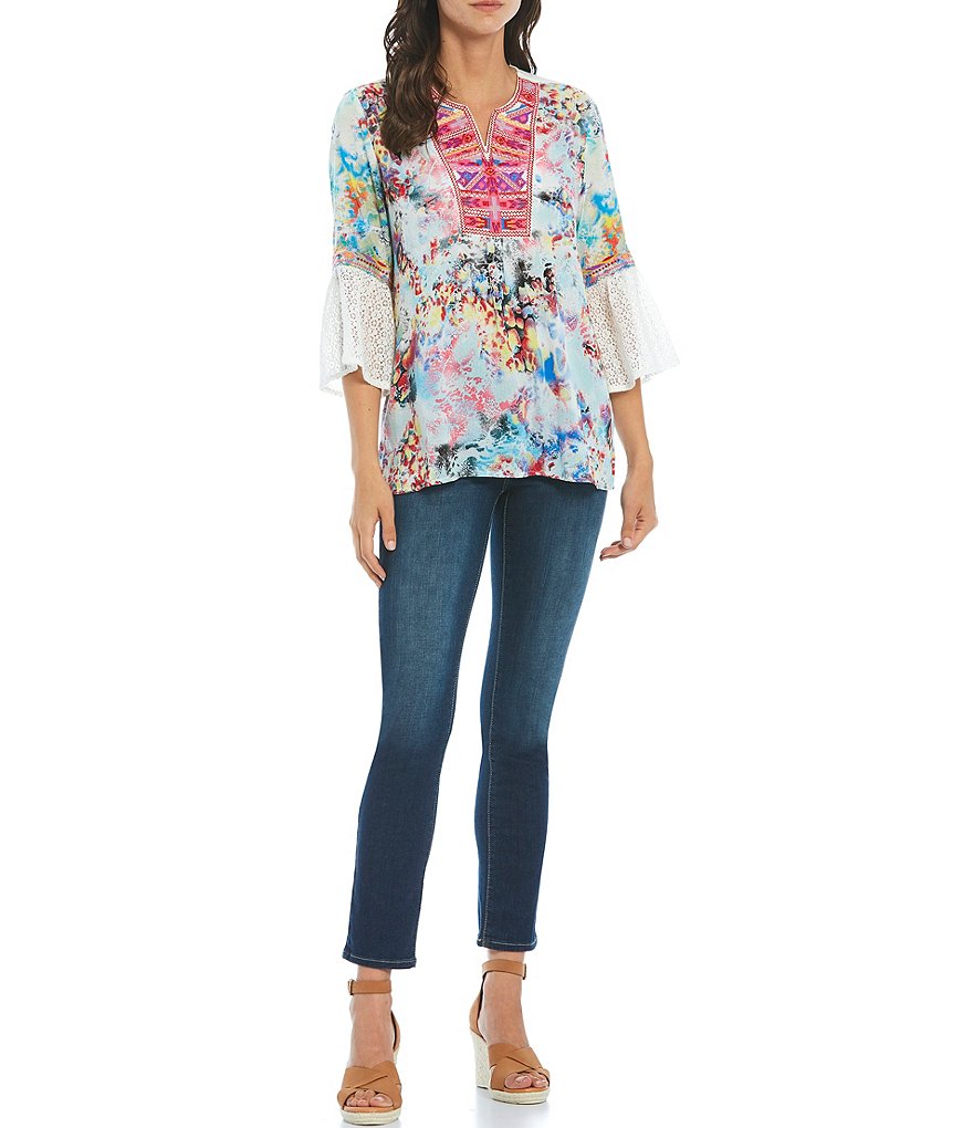 Calessa Petite Size Tie Dye Embroidered Neck Bell Sleeve Tunic