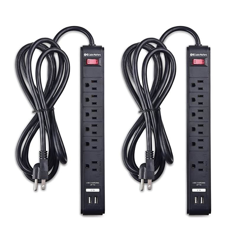 2Pack 6 Outlet Surge Protector Power Strip with USB Charging Ports 300 Joules with 8 Foot Power Cord in Black