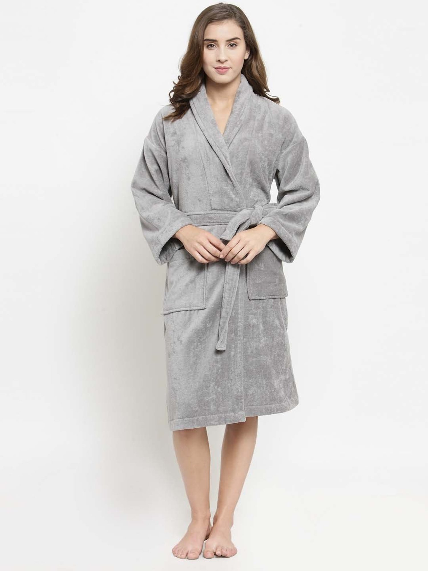 Trident Cloud Grey Cotton 350 GSM Bathrobe for Women (Large)