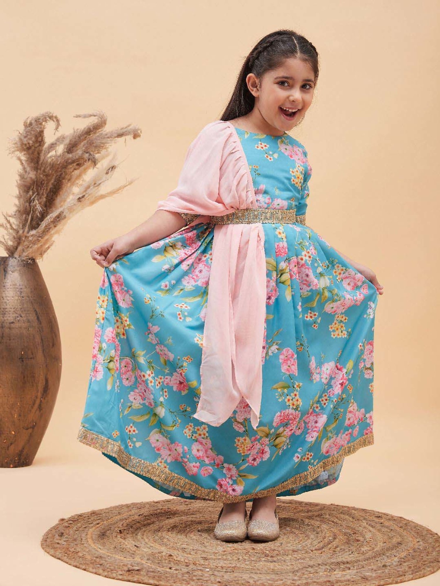 A Little Fable Kids Blue Printed Lehenga with Choli & Dupatta