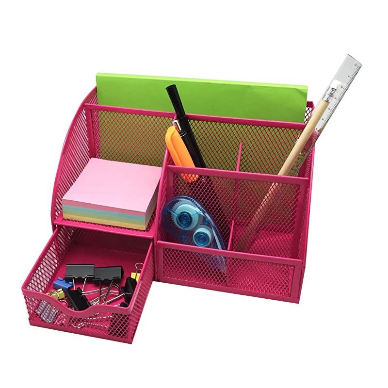 Mesh Desk Organizer Office with 7 Compartments + DrawerDesk Tidy CandyPen HolderMultifunctional Organizer EX348 Pink