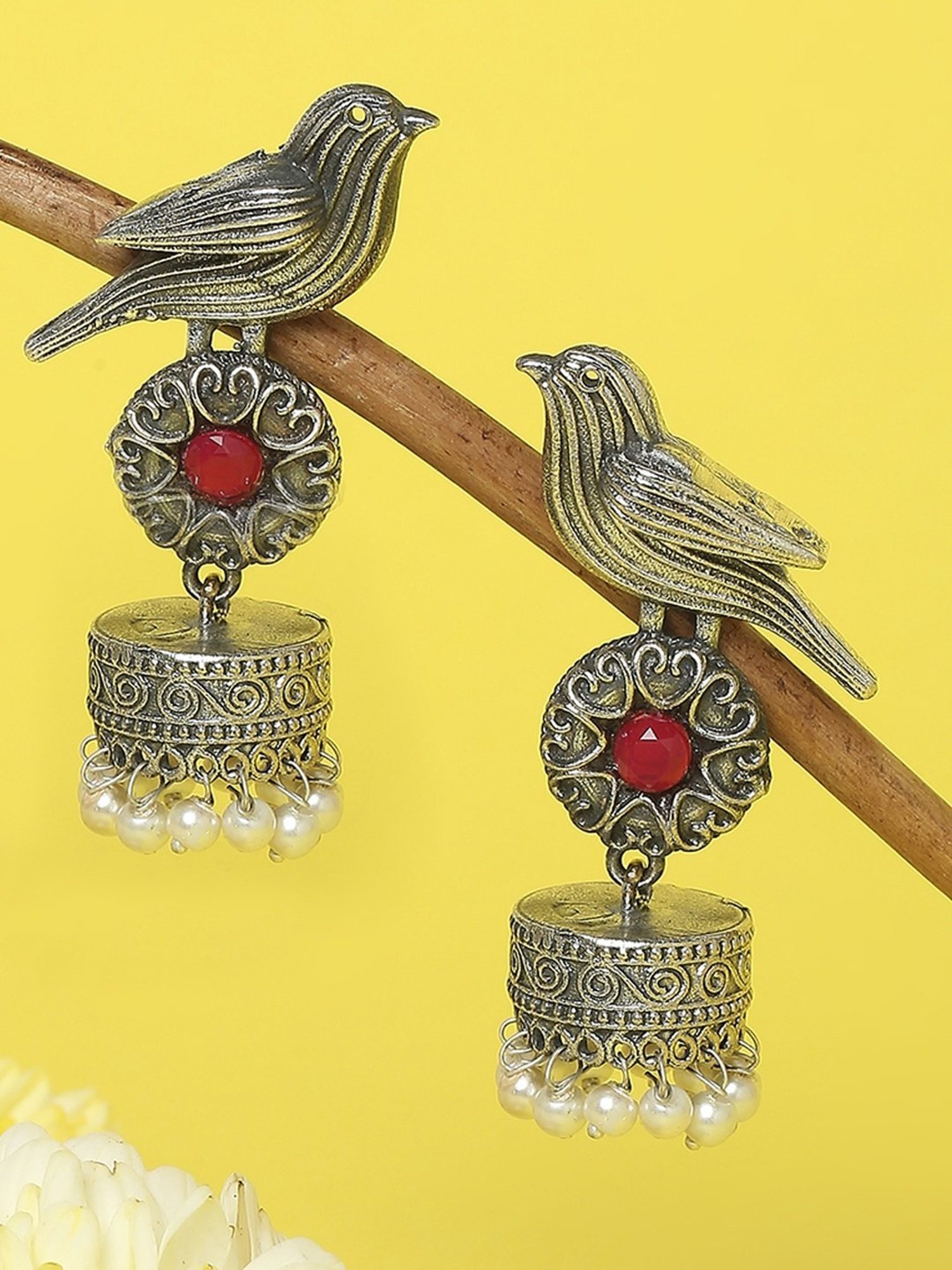 OOMPH Jewellery Oxidized Silver Look Alike Bird Design Maroon Stone & Pearls Ethnic Jhumki